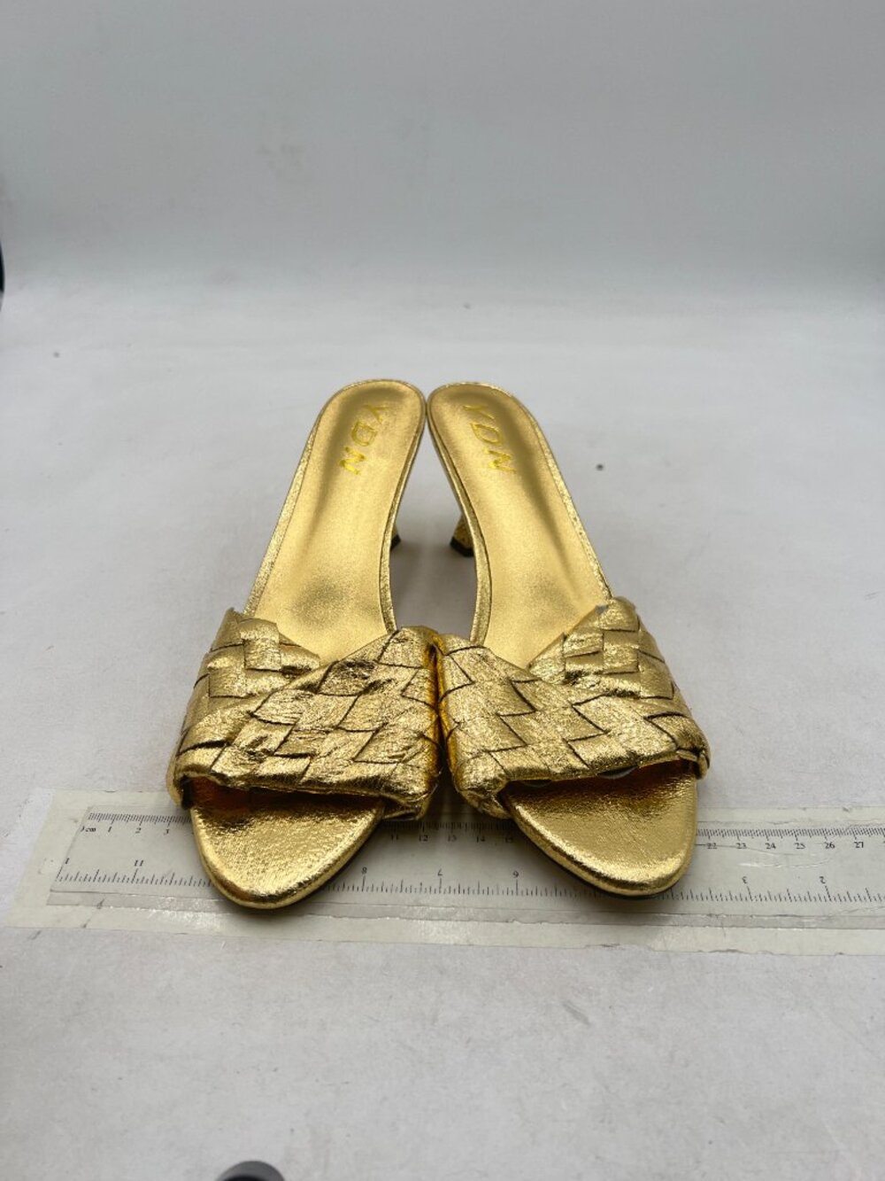 Ydn Gold Open Toe Checkered Pretty High Spool Heels Slide Sandals Slip On Mules View 3